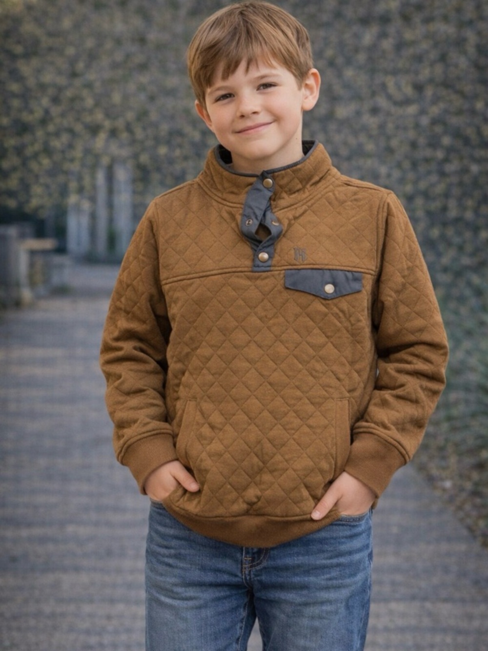 Quilted Snap-Placket Kids Hoodie in Brown